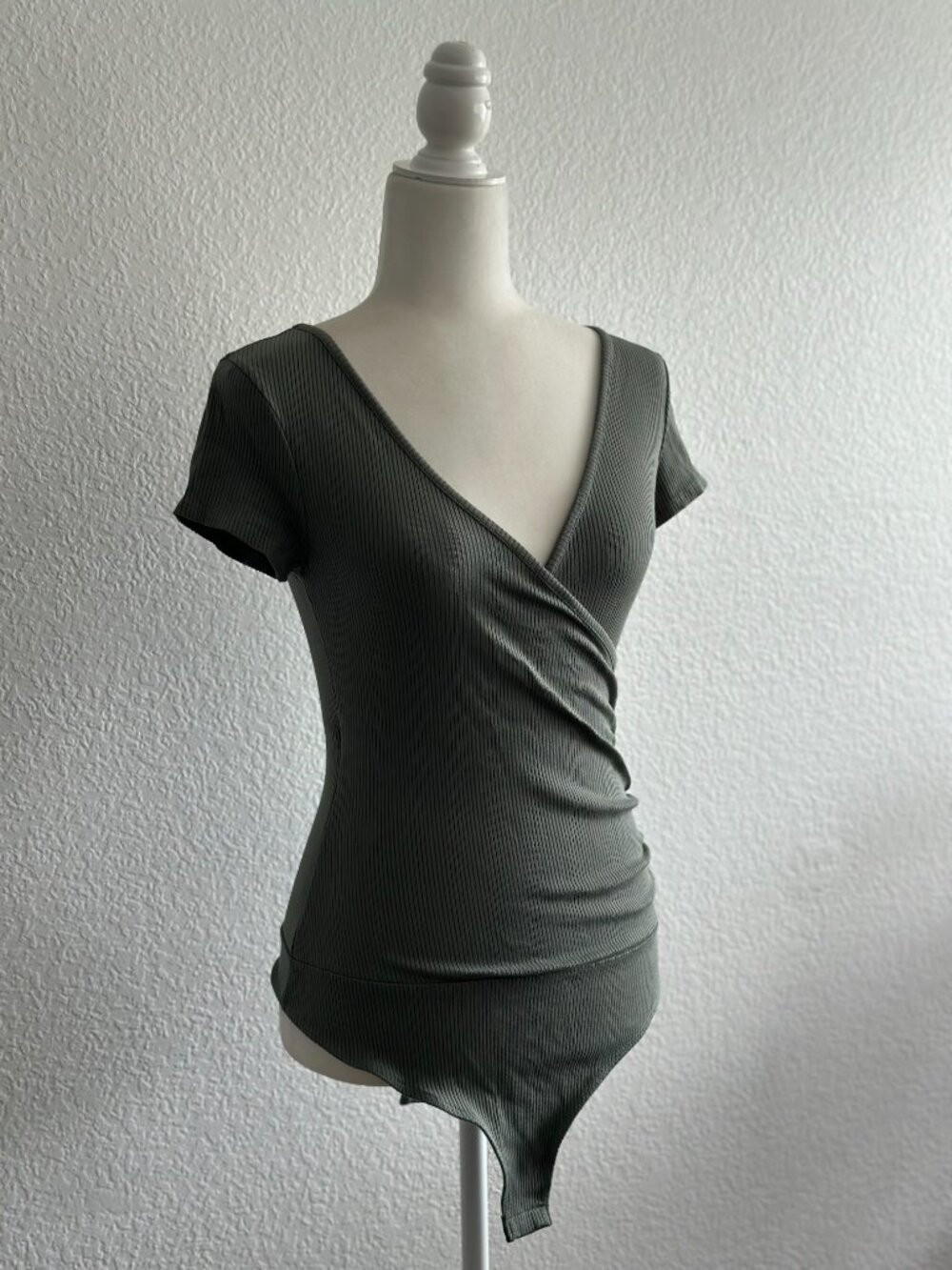 Lulus Olive Green Ribbed Wrap Bodysuit Small Stretch V-Neck Short Sleeve - Picture 2 of 8